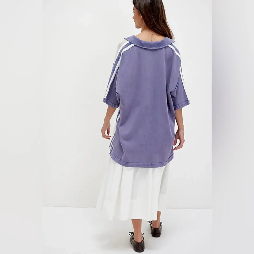 Free People We The Free Karlie Polo Shirt, Steel Blue Combo, Mesh, Size Medium